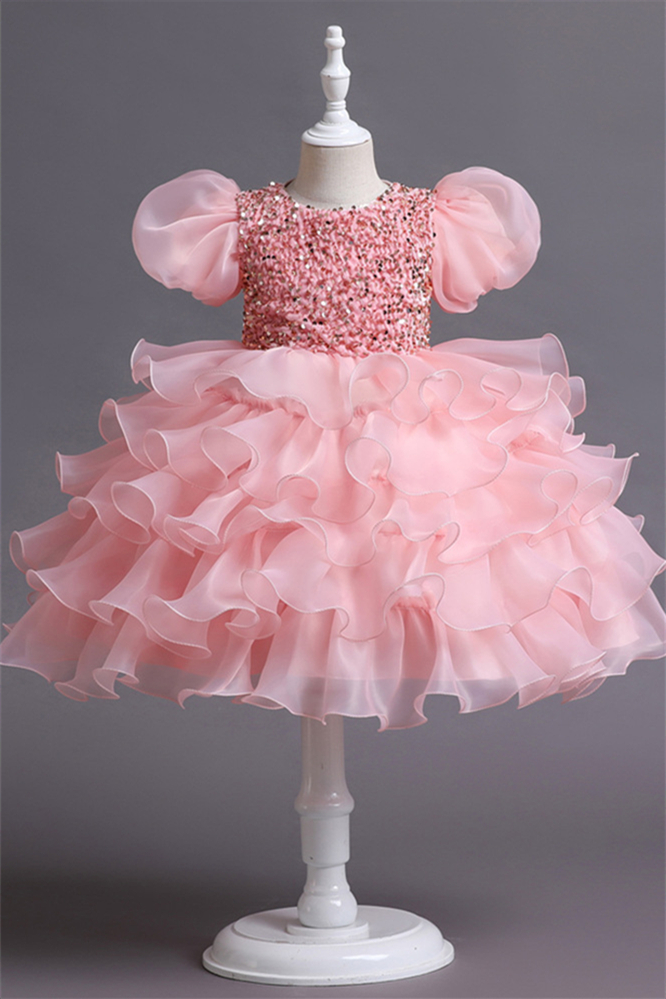 Pretty Princess Short Sleeves Sequins Little Girl Dress Tulle Layered - lulusllly