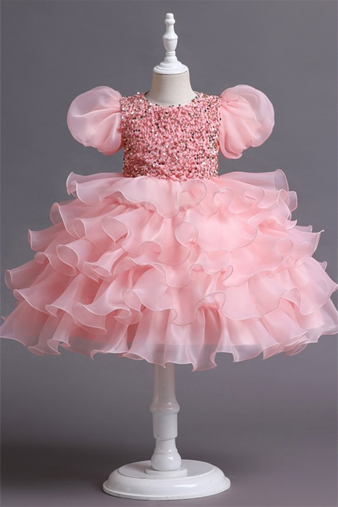 Luluslly Princess Short Sleeves Sequins Little Girl Dress Tulle Layered