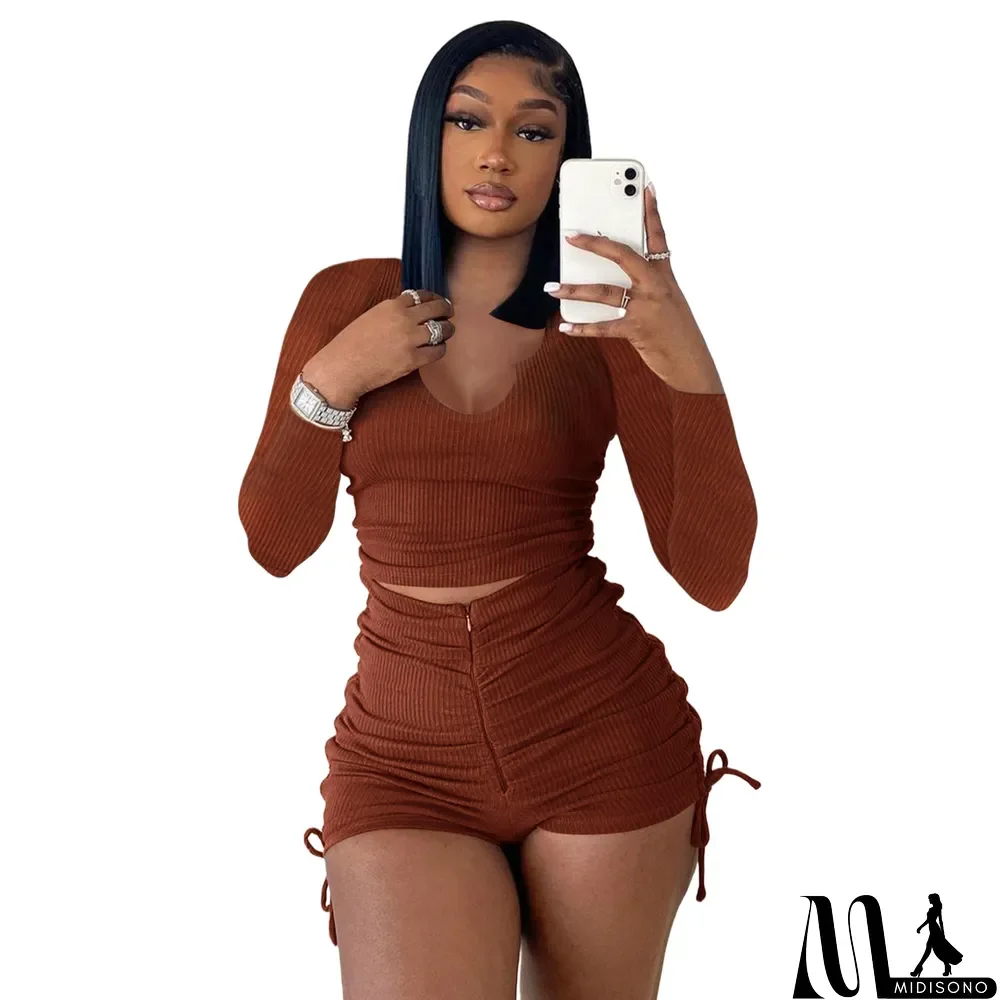 MidiSono - Women Spring Casual U Neck Long Sleeve Top+Pleated Shorts Two Piece