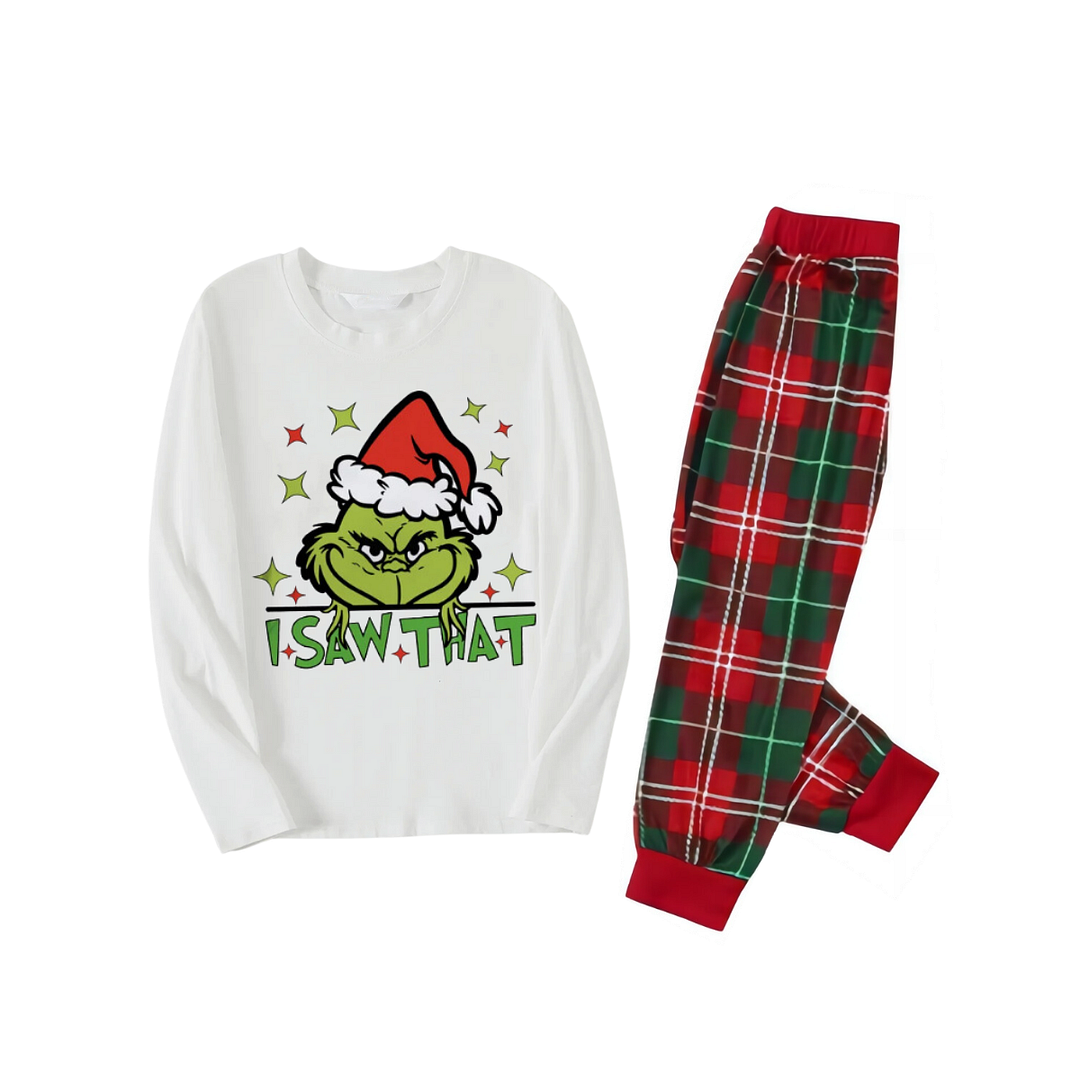 Cartoon Pattern and "I Saw that" Text Printed Red & Green Plaid Family Matching Pajamas
