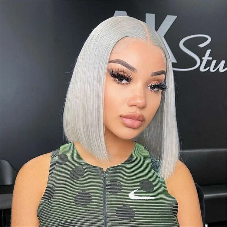 200% Silver Gray Transparent Lace Front Bob Wig