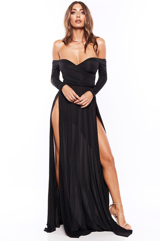 Elegant Long Sleeve V-Neck Prom Dresses Split Maxi Dress Online - lulusllly