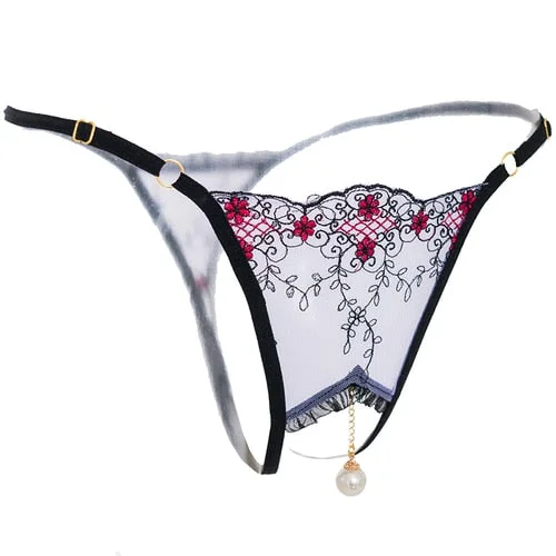 Pearl Pendant Open Thongs Lace Women Underwear Crotchless Embroidery G String Tanga Briefs Lace Transparent Sexy Lingerie