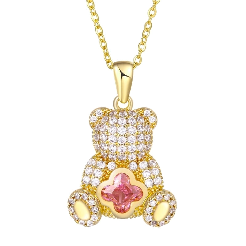 304 Stainless Steel Copper 18K Gold Plated Plating Inlay Bear Zircon Pendant Necklace