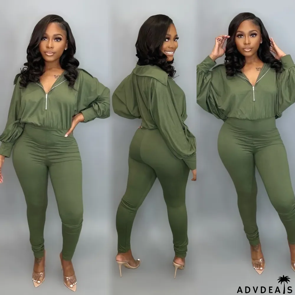 Plus Size Fashion Solid Color Zipper Jumpsuit