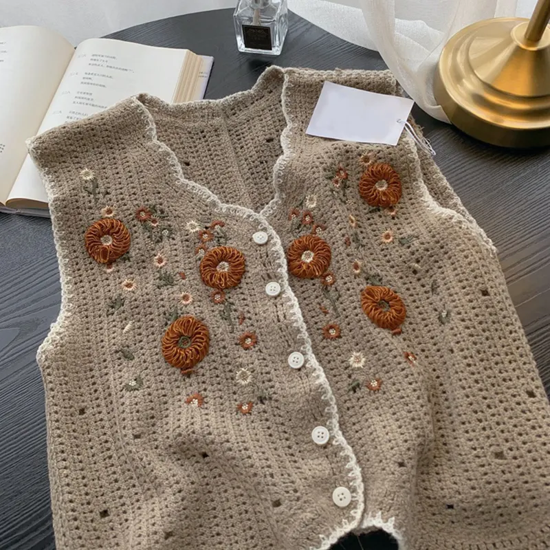 Women's Fashion Embroidered Vintage Knitted Crochet Hollow Sweater Vest Top