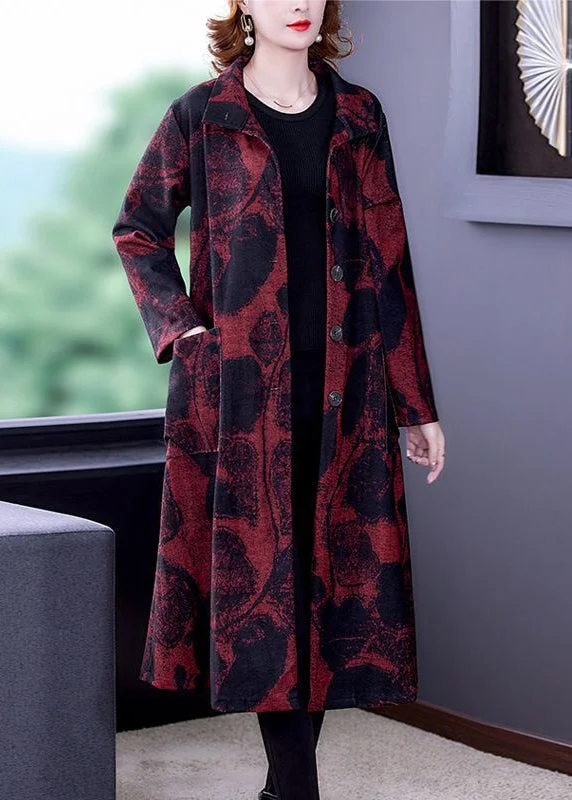 Chinese Style Red Print Pockets Button Patchwork Cotton Coats Long