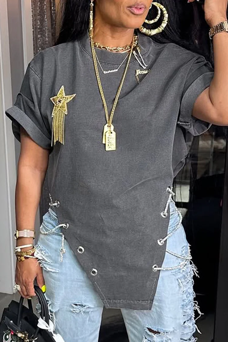 Casual Patchwork Belted Oblique Collar Tops Casual Patchwork Belted Oblique Collar Tops