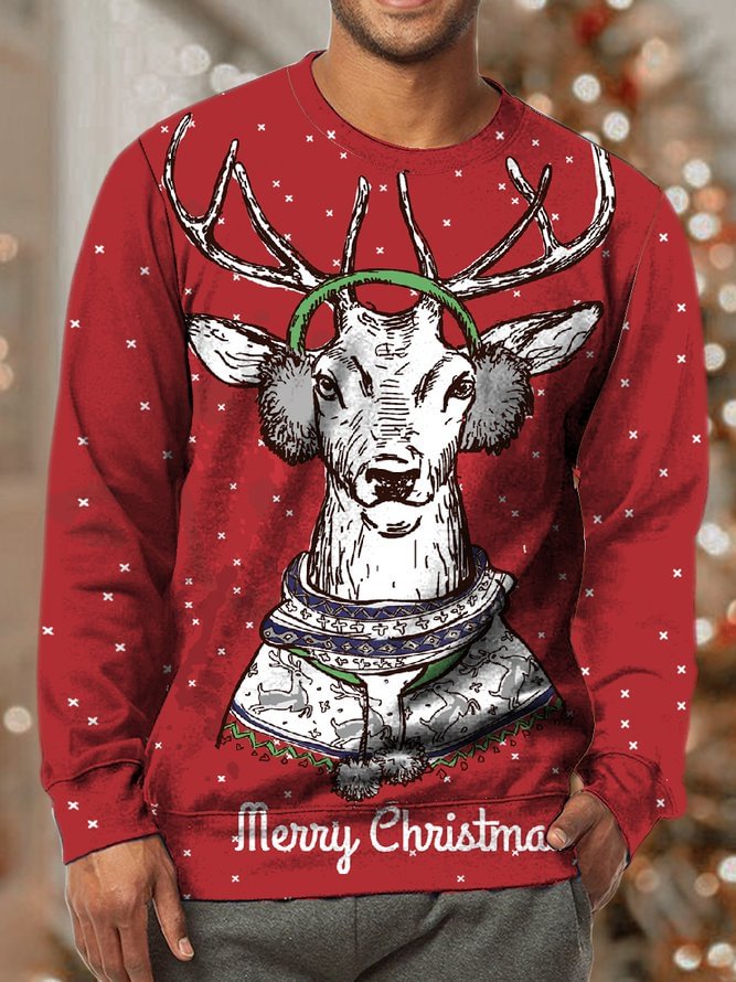 Men's Elk Merry Christmas Funny Graphic Print Crew Neck Loose Christmas Sweatshirt