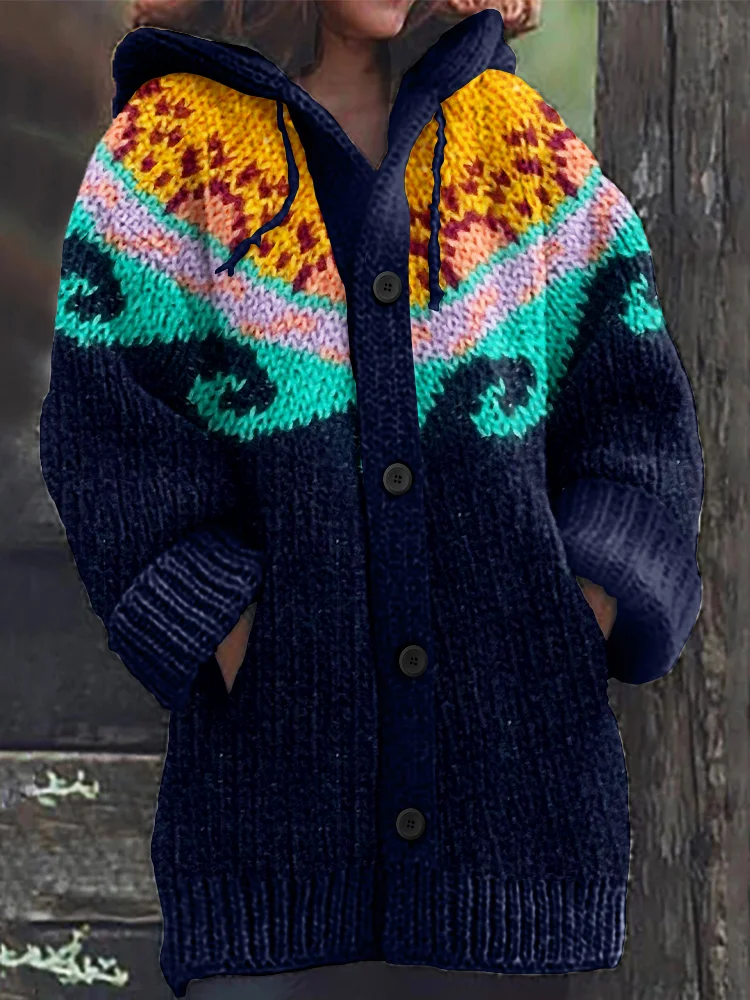 Fairman Island Geometric Wave Contrast Print Hooded Cardigan Sweater