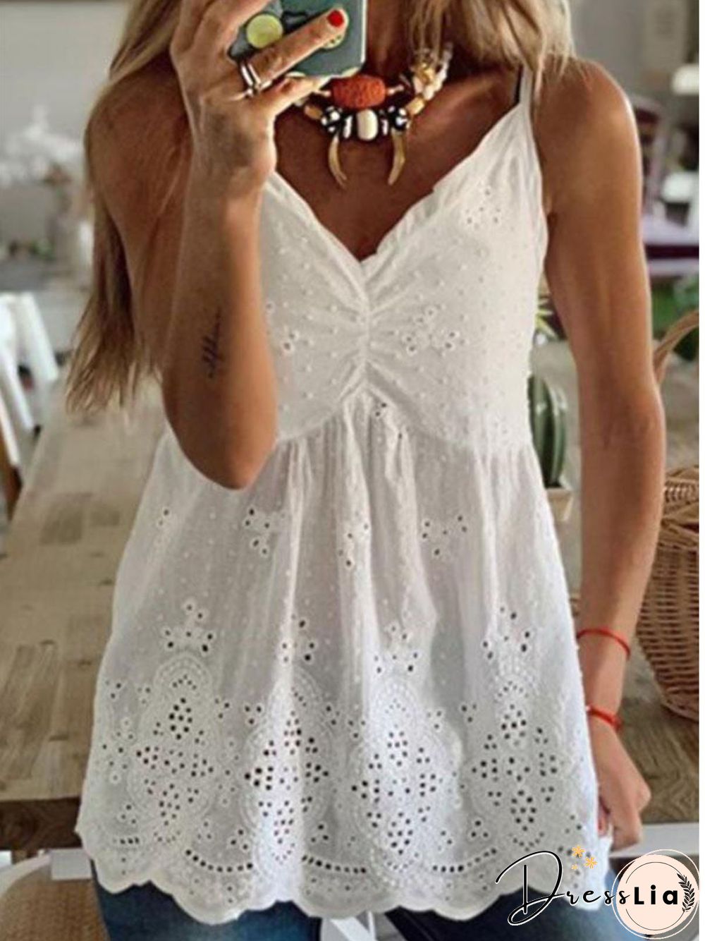 White V Neck Cotton-Blend Casual T-shirt