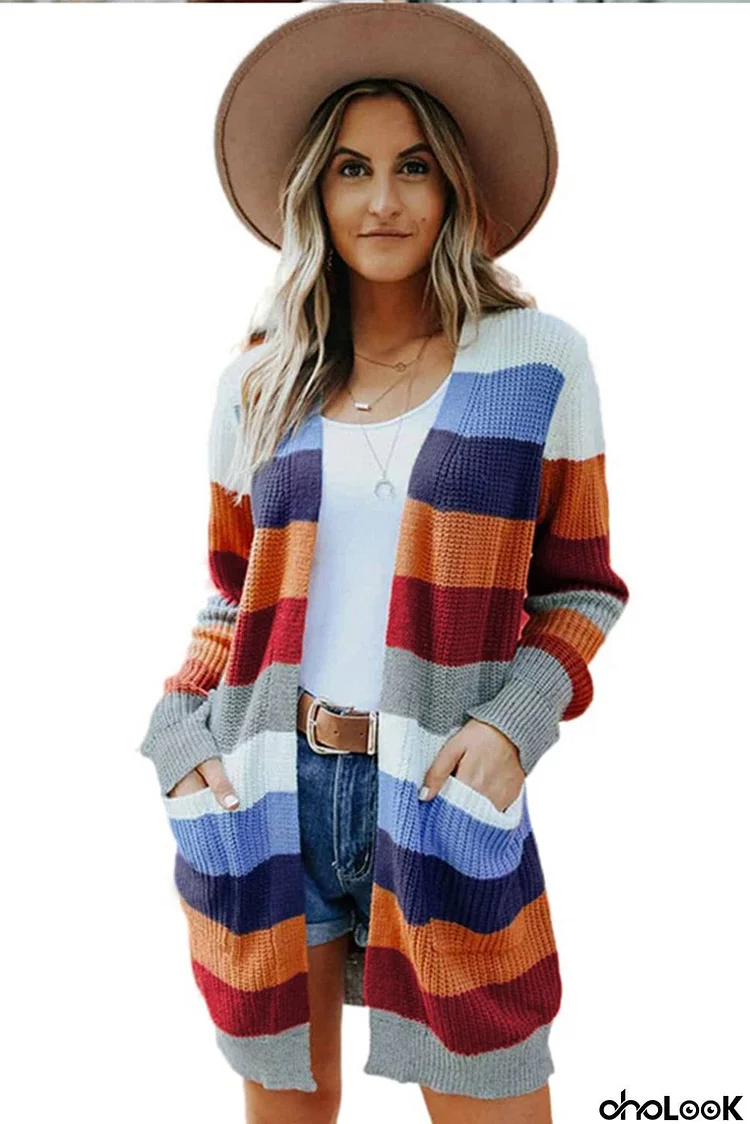 Multi-color Striped Pocketed Cardigan