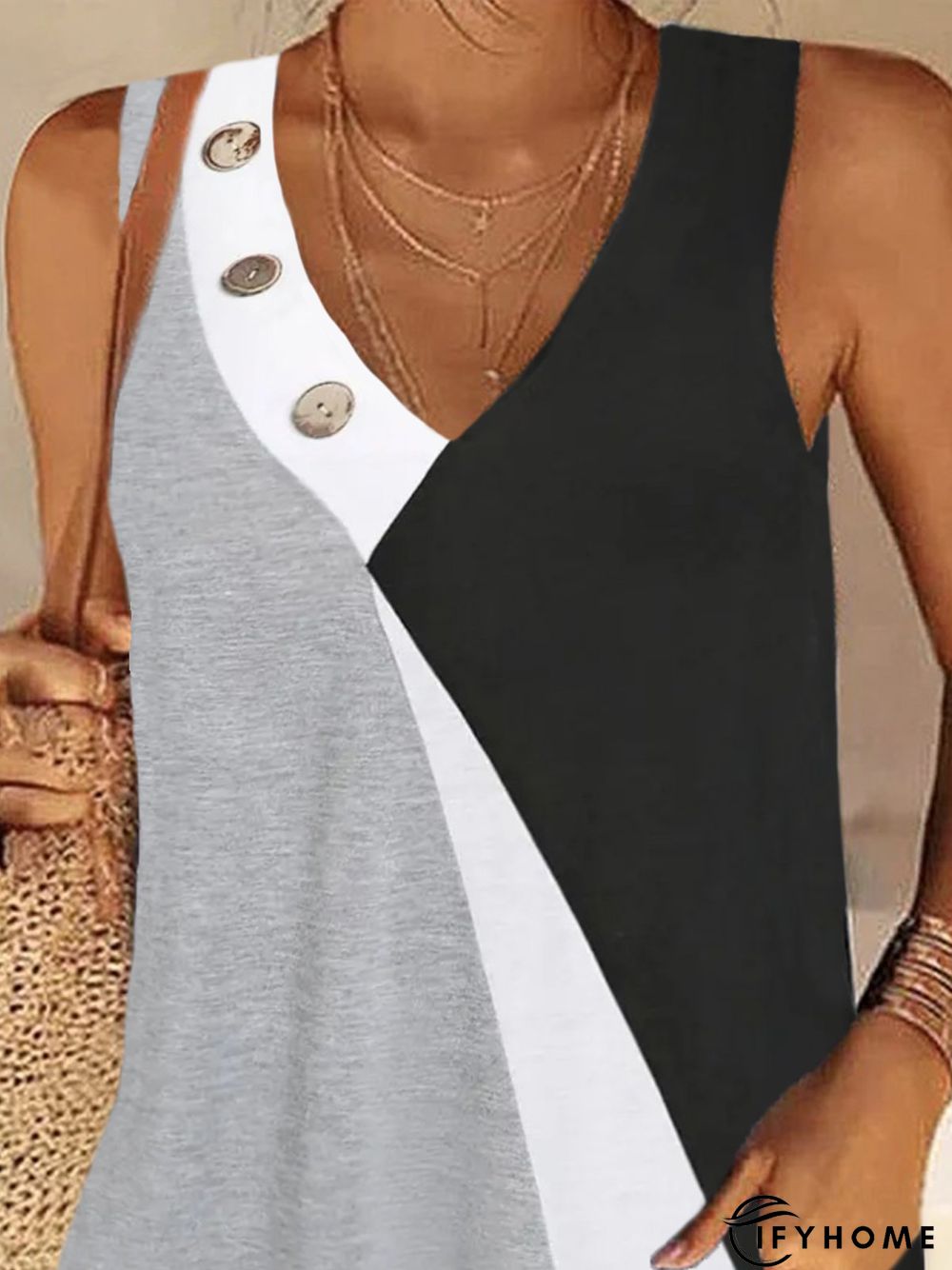 Plain Color-block Buttoned Sleeveless V Neck Casual Tunic Tanks | IFYHOME