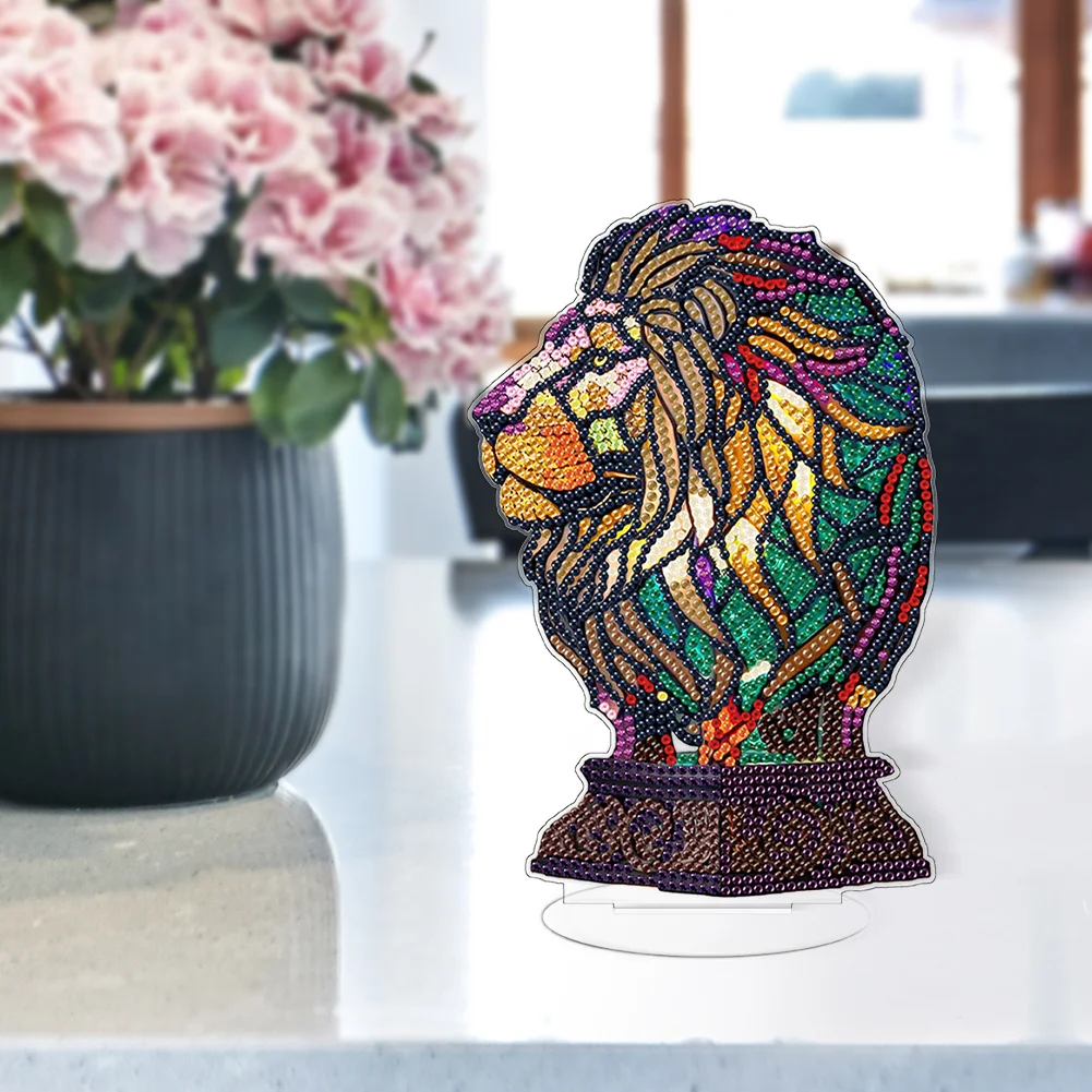 DIY Lion Acrylic Single-Sided Diamond Painting Desktop Decoration with Light for Office Desktop Decor