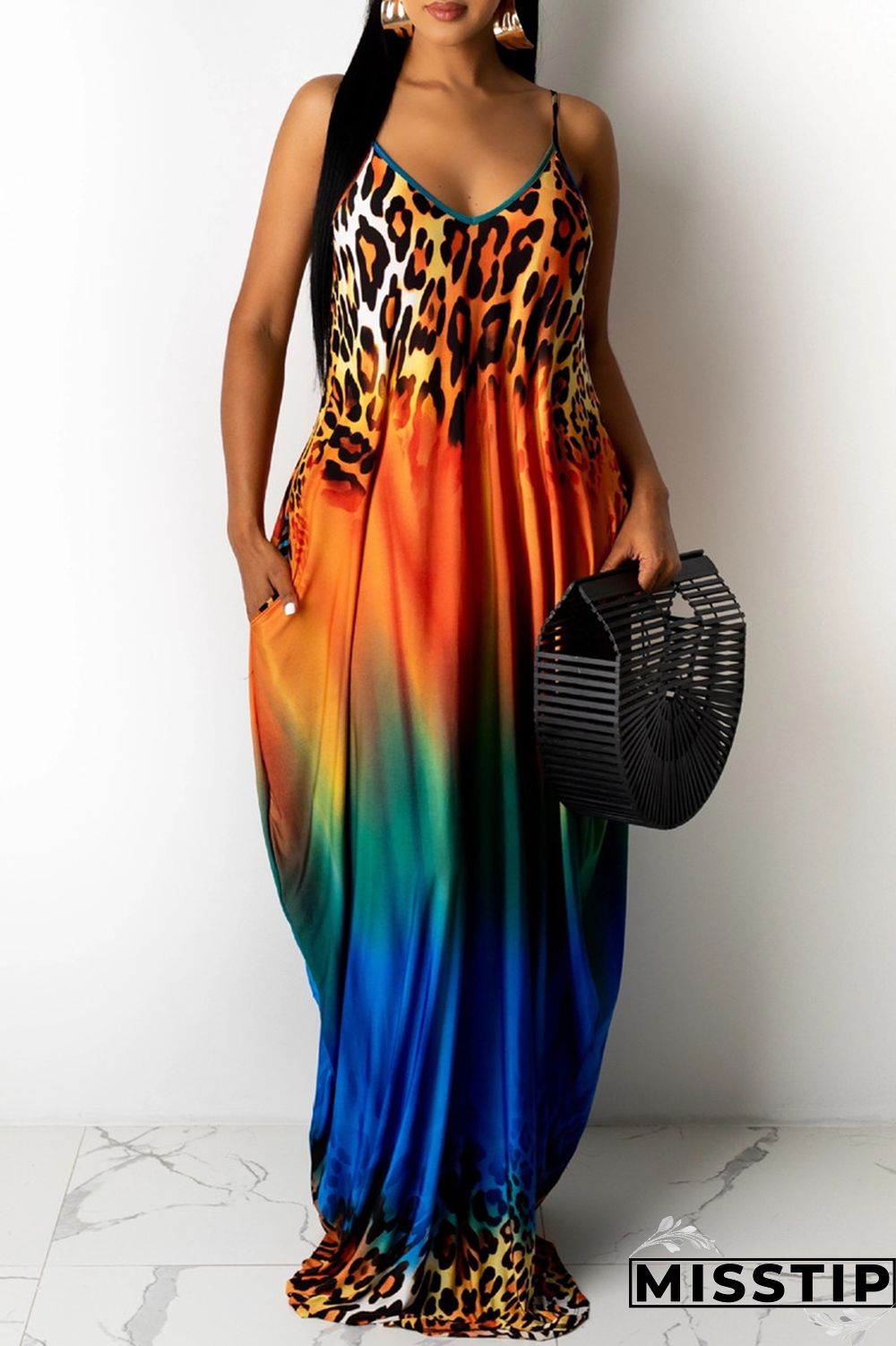 Blue Sexy Casual Print Backless V Neck Sling Loose Dress