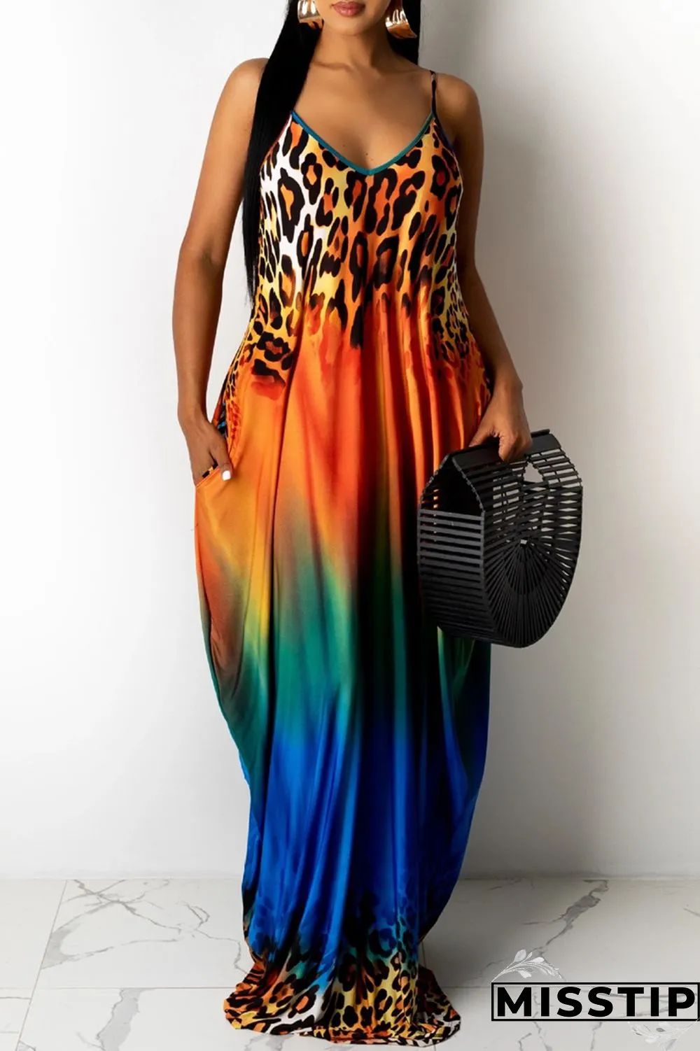 Blue Sexy Casual Print Backless V Neck Sling Loose Dress