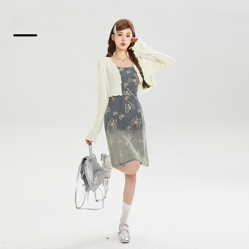P&X  Girl Thin Knitted Denim Dress Set Natural Waist Long Sleeve V-Neck H-Shape Two-Piece Suite Cotton Polyester Blend