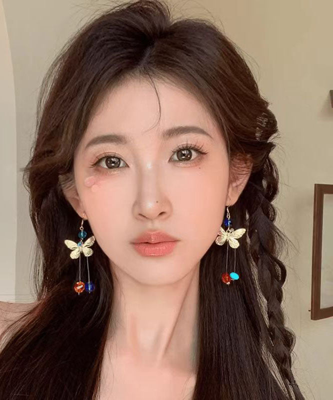 VCSHOES Colorblock Alloy Butterfly Beading Tassel Drop Earrings