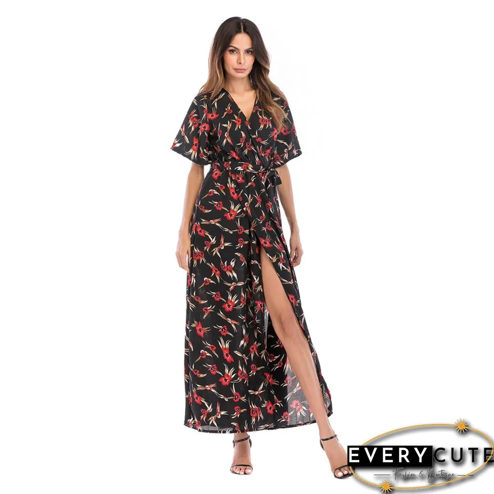 Rust Red Short Sleeve Foral Chiffon Boho Dress