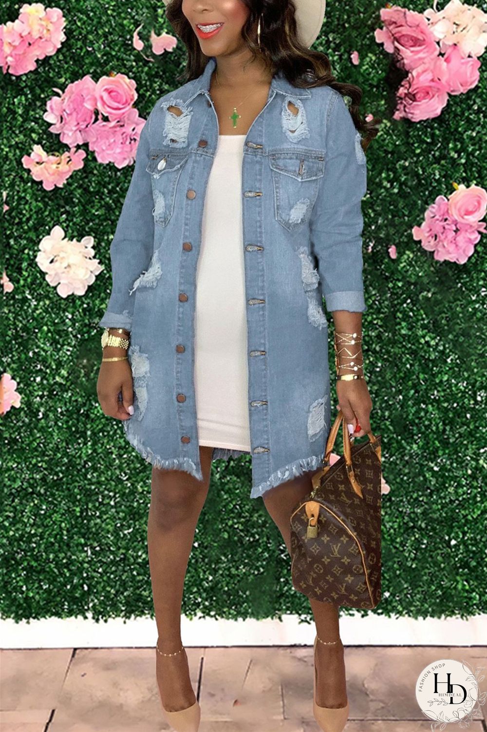 Baby Blue Fashion Casual Solid Ripped Turndown Collar Long Sleeve Regular Denim Coats