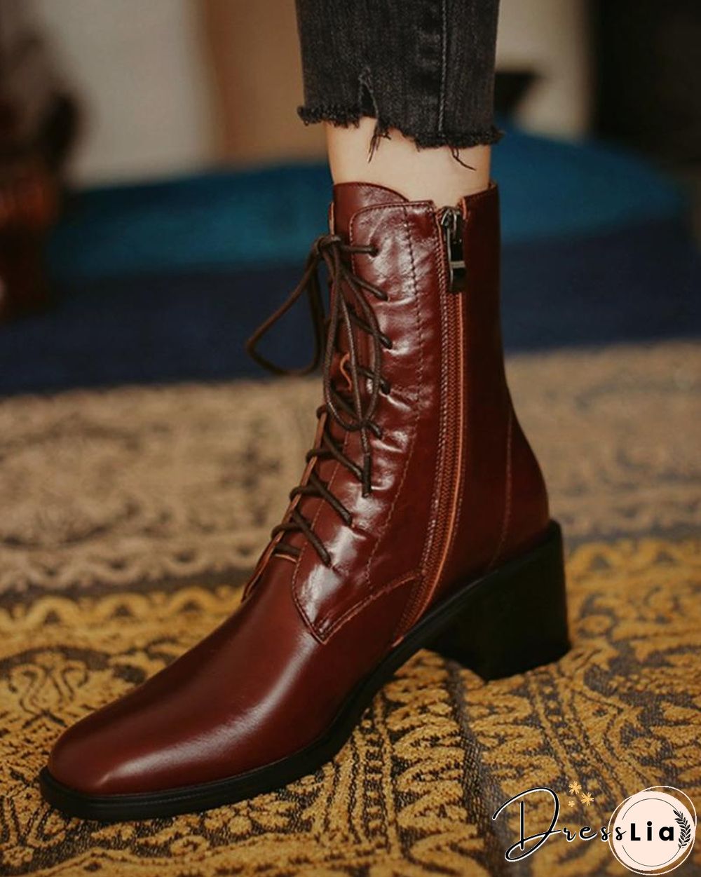 Pointed-toe Solid Color Lace-up Martin Boots