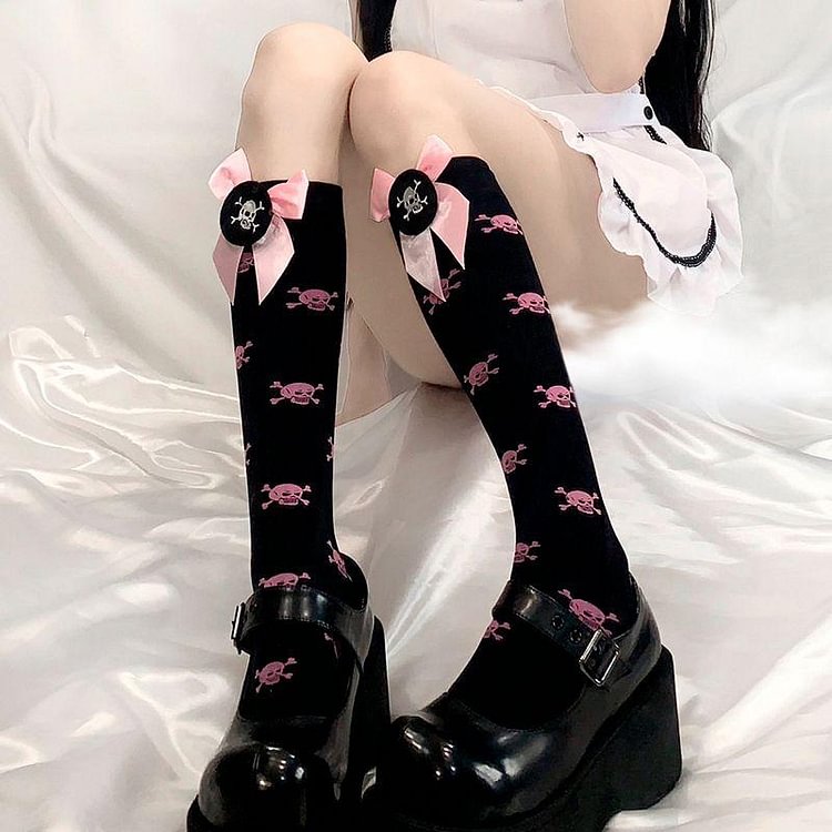 Fashion Cute Bow-Knot Knee Socks Ladies Sweet Gothic Casual Thigh Sexy Stretch Skull High Socks Lolita Printed Girls Stocking SP16940