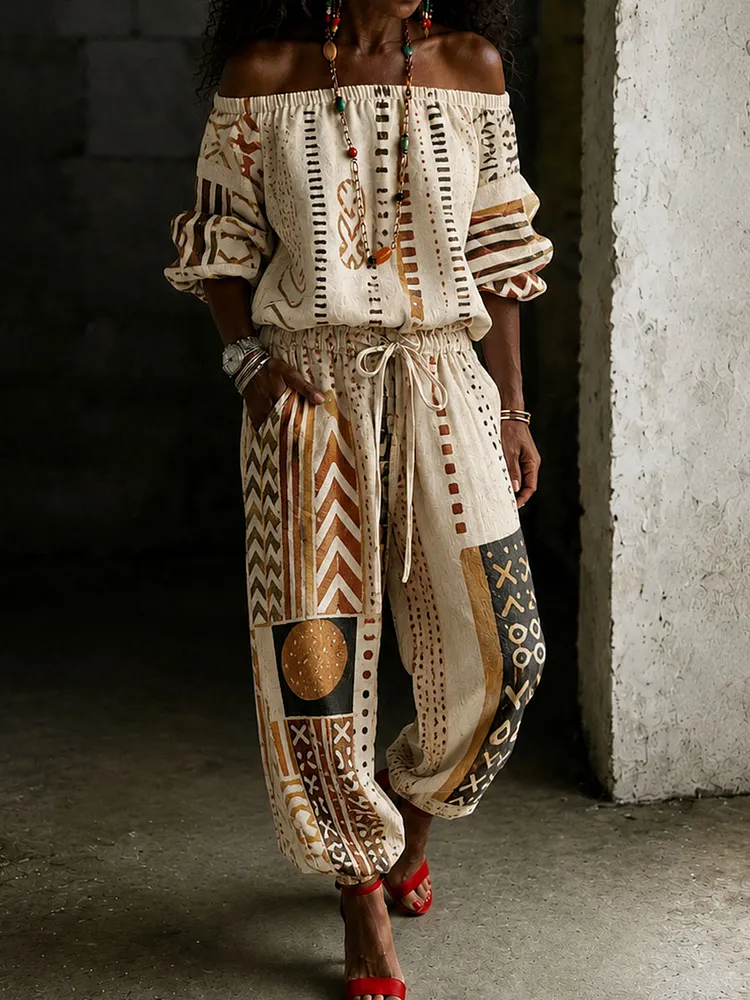 Women&rsquo;s Ethnic Geometric Print Off-Shoulder Top & Drawstring Harem Pants Set