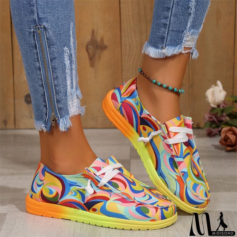 MidiSono - Ethnic Style Lace-up Low-top Graffiti Flat Shoes for Women