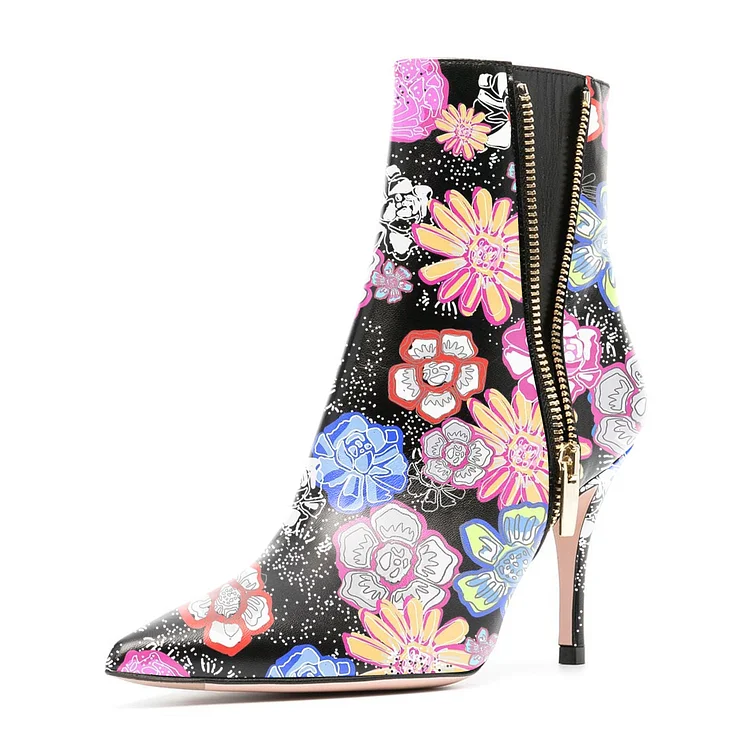 Black Floral Print Pointy Toe Side Zip Ankle Boots |FSJ Shoes