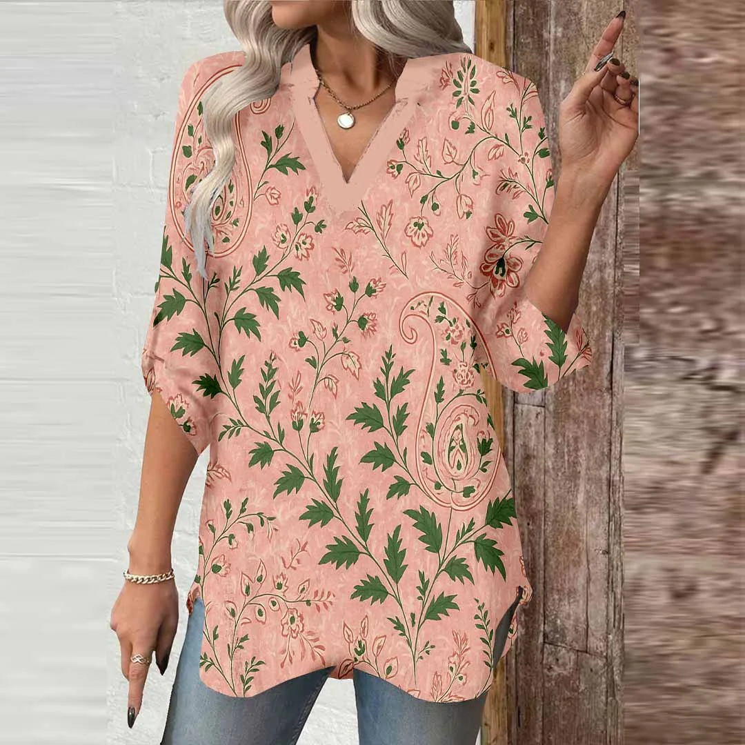 Women Leaves, Pink, Green DZGA0191 3/4 Sleeve V-neck Printed Graphic Button Tops