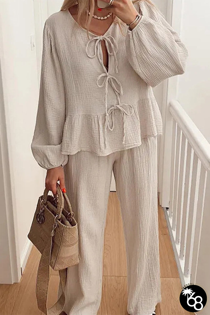 Casual Daily Solid Color Lace Up Ruched O Neck Long Sleeve Two Pieces(4 Colors) | 168DEAL