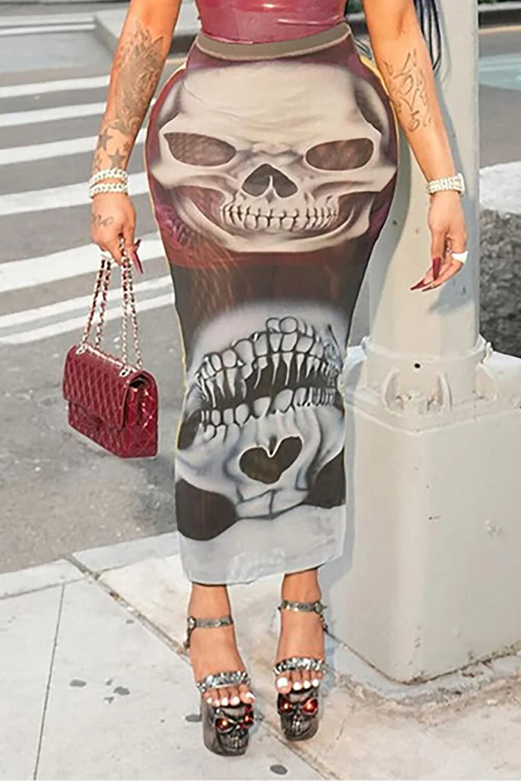 Skull Print High Waist Bodycon Midi Skirt-Grey