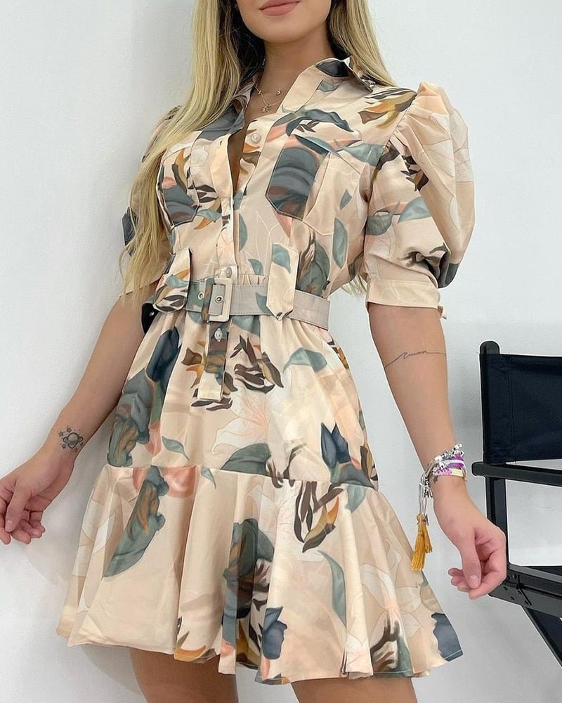 Women's printed dress 2021 summer new ladies temperament high waist mid-length bubble short-sleeved dress