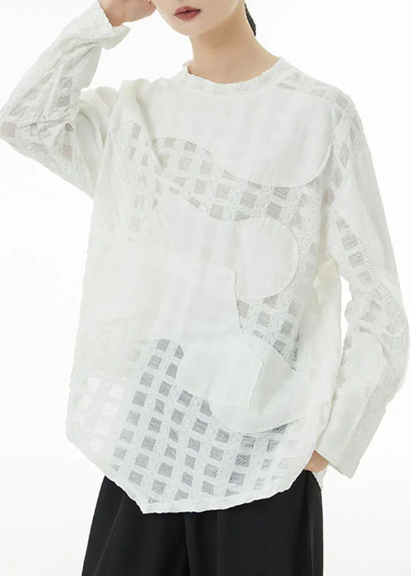 White Patchwork Plaid Cotton Shirts Hollow Out Spring