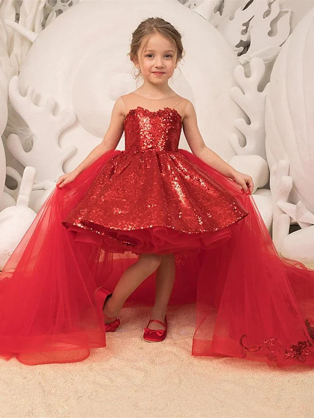Hellodresses Sleeveless Illusion Neck Ball Gown Flower Girl Dress Lace Tulle With Bow Tier Paillette