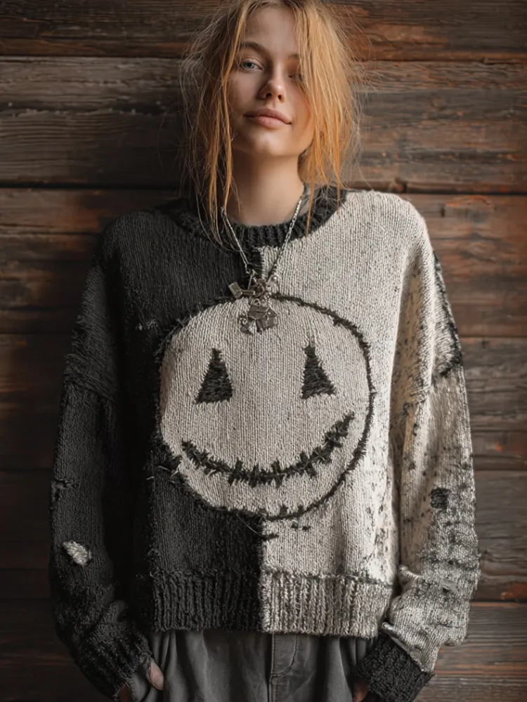 Halloween Black And White Color-blocked Smiley Face Casual Vintage Sweater