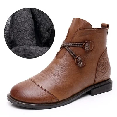 GKTINOO Autumn Winter Genuine Leather Flat Ankle Boots For Women Warm Boots Side Zipper Soft Comfortable Cow Leather Botas