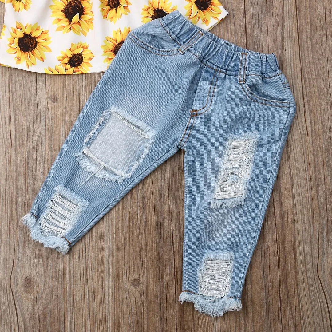 2019 Baby Summer Clothing Fashion Kids Baby Girl Off Shoulder Tops Sunflower Shirt Ripped Denim Jeans 3Pcs Outfits Set 6M-4T