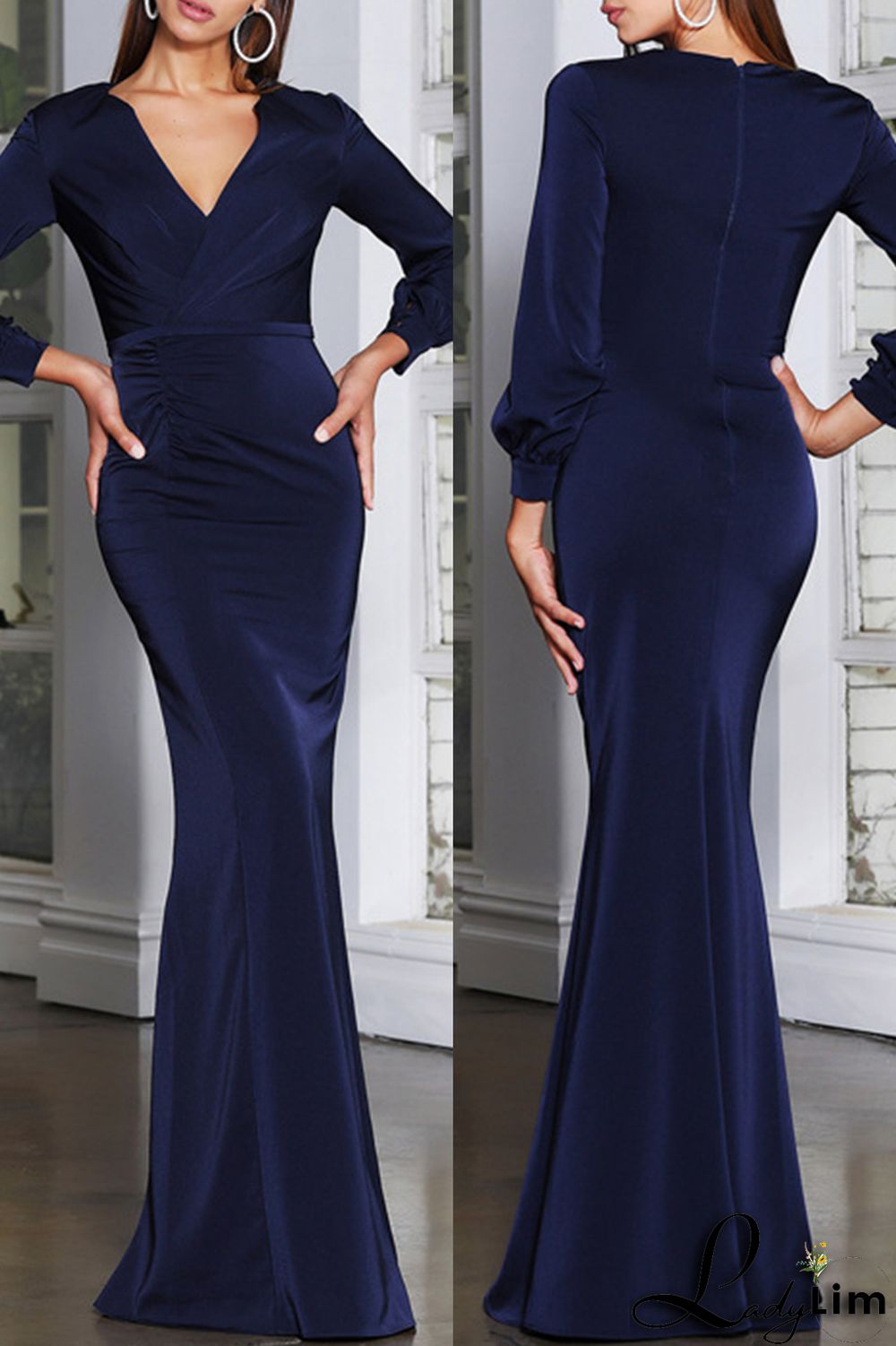 Burgundy Fashion Sexy Solid Basic V Neck Long Sleeve Evening Dress