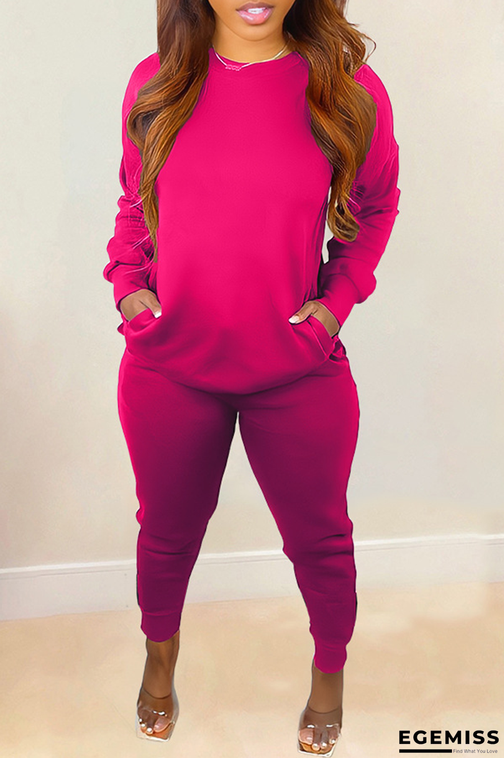 Rose Red Casual Solid Patchwork O Neck Long Sleeve Two Pieces | EGEMISS