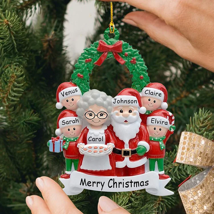 Santa Family Ornament Custom 6 Names Grandparents with Grandkids Ornament