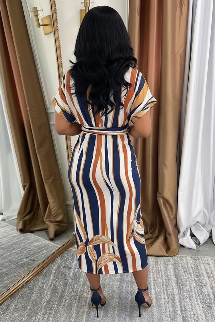 Turndown Collar Floral Print Knotted Sash Midi Dresses-Multicolor