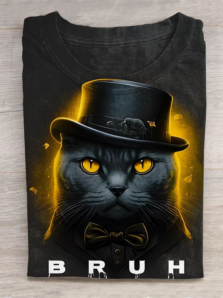 Bruh Black Cat Art Print Casual T-Shirt