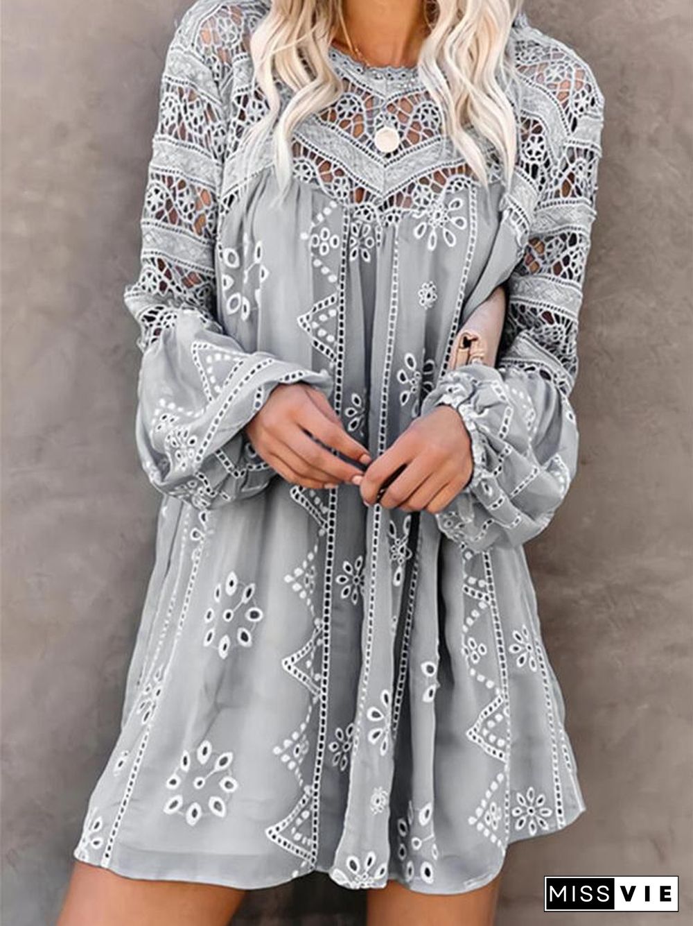 Women's Puff Sleeve Scoop Neck Lace Hollow Midi Dress