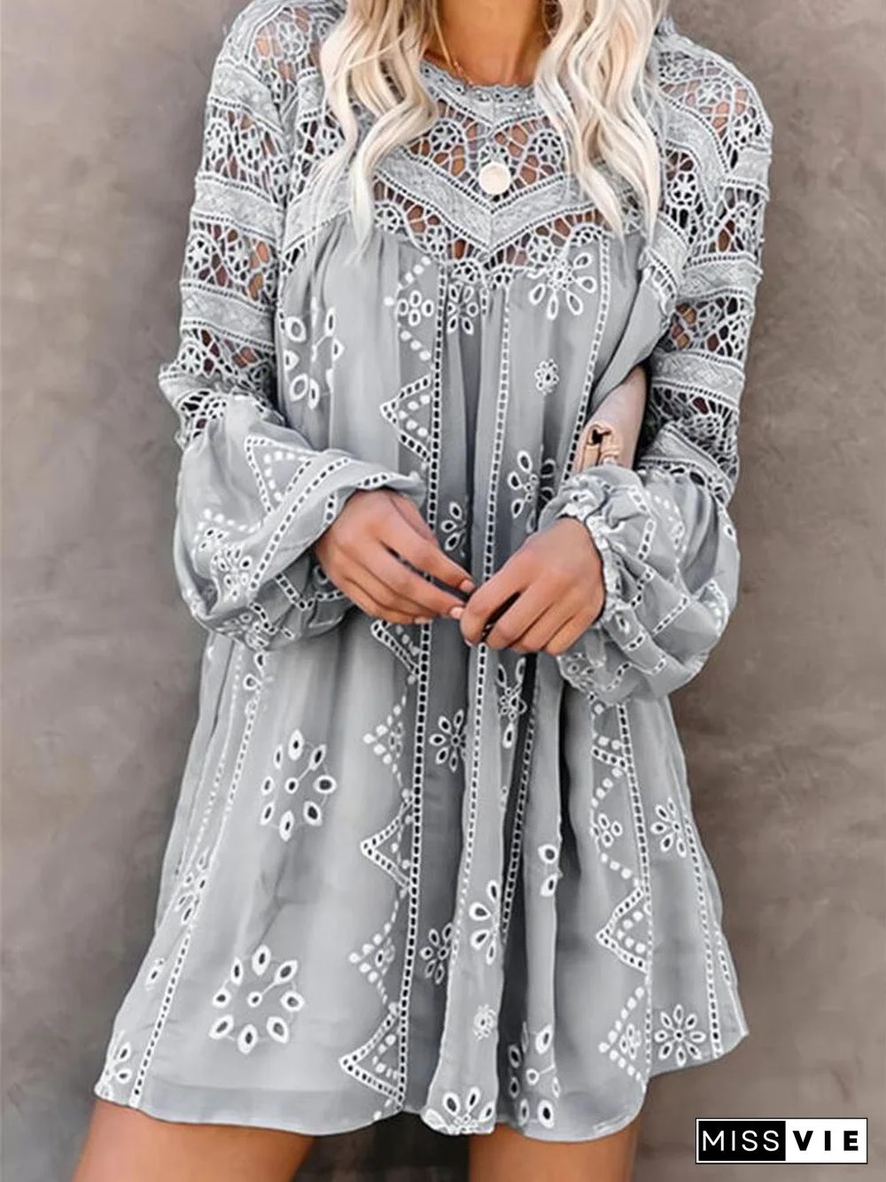 Women's Puff Sleeve Scoop Neck Lace Hollow Midi Dress