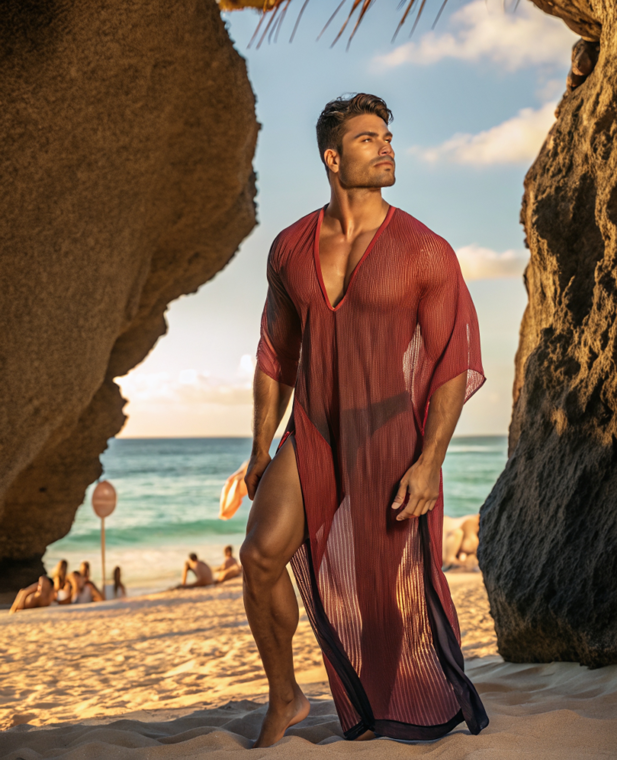 Men's Red Gauze V-neck Kaftan