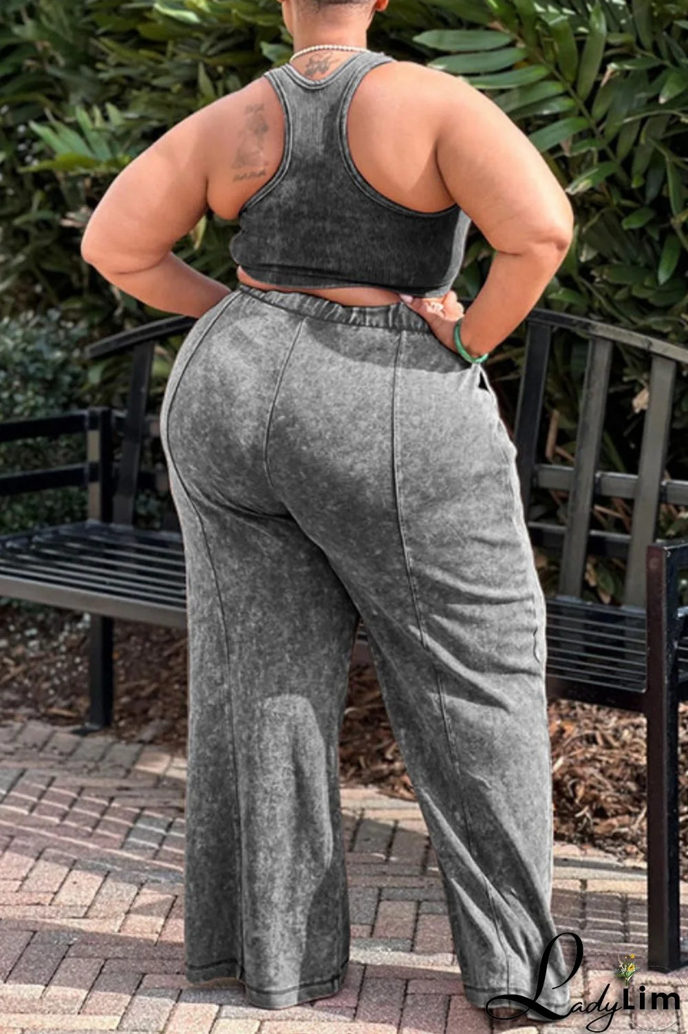 Black Gray Casual Solid Vests Pants O Neck Plus Size Two Pieces