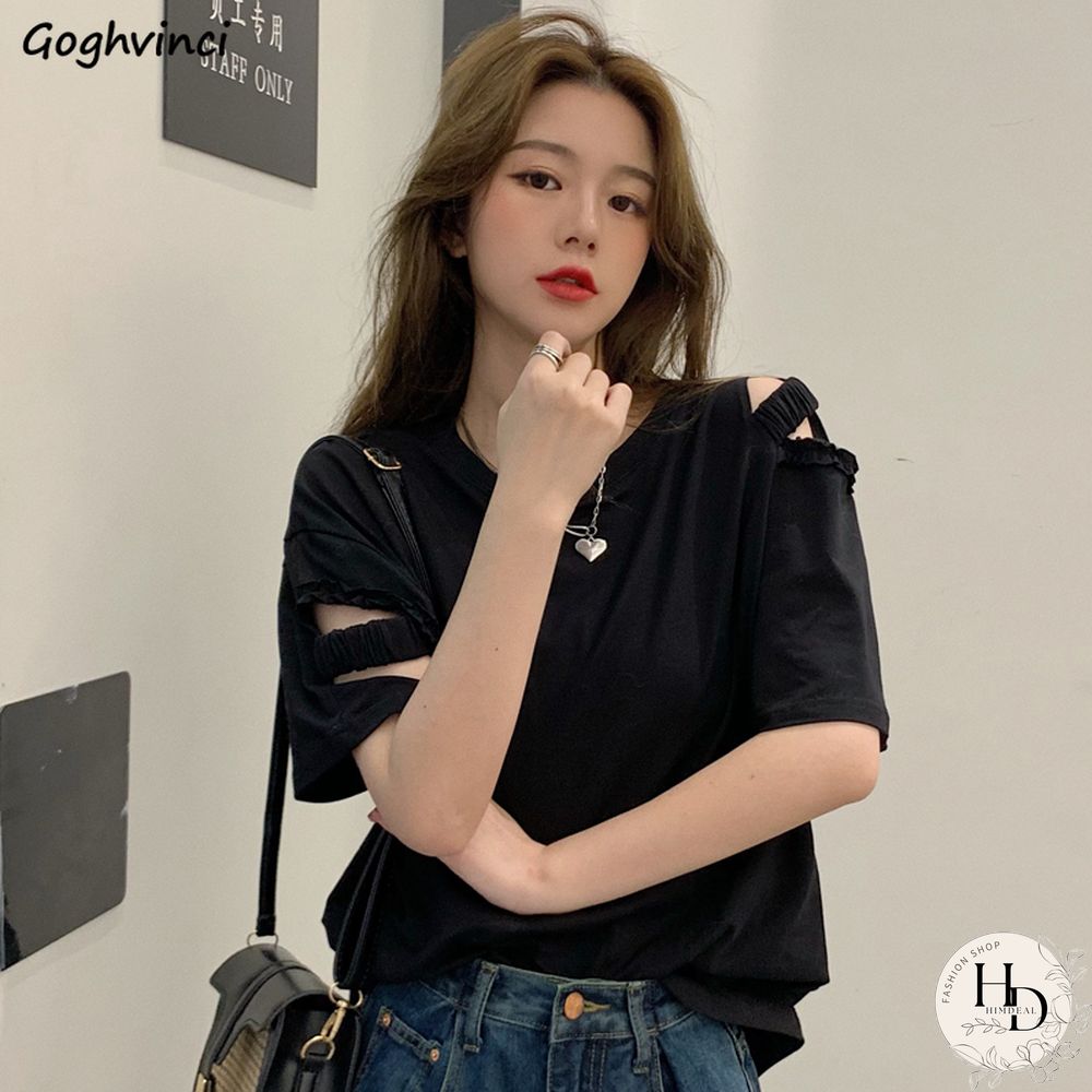 T-Shirts Women Sexy Ladies Tops Hole Harajuku Fashion Loose Summer Ins Korean Style Preppy Vintage Solid Elegant Chic Simple New