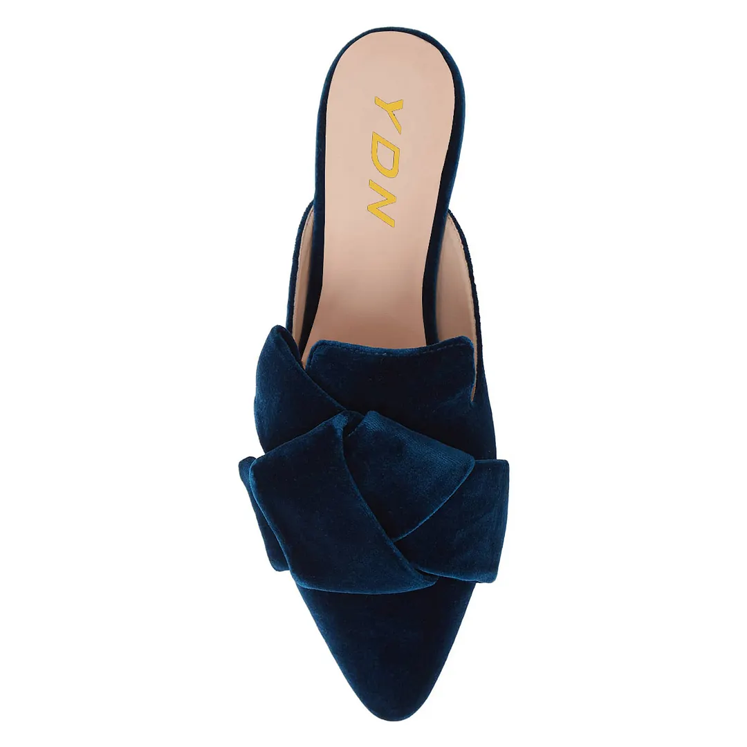 Velvet Pointed Toe Knot Decor Flat Women's Mules Shoes in Dark Blue