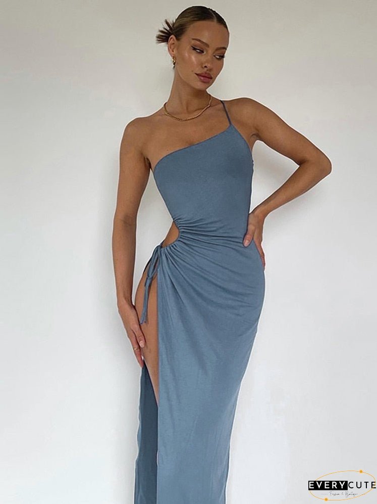 Sexy Off Shoulder Side High Split Maxi Dress Women Drawstring Sleeveless Solid Evening
